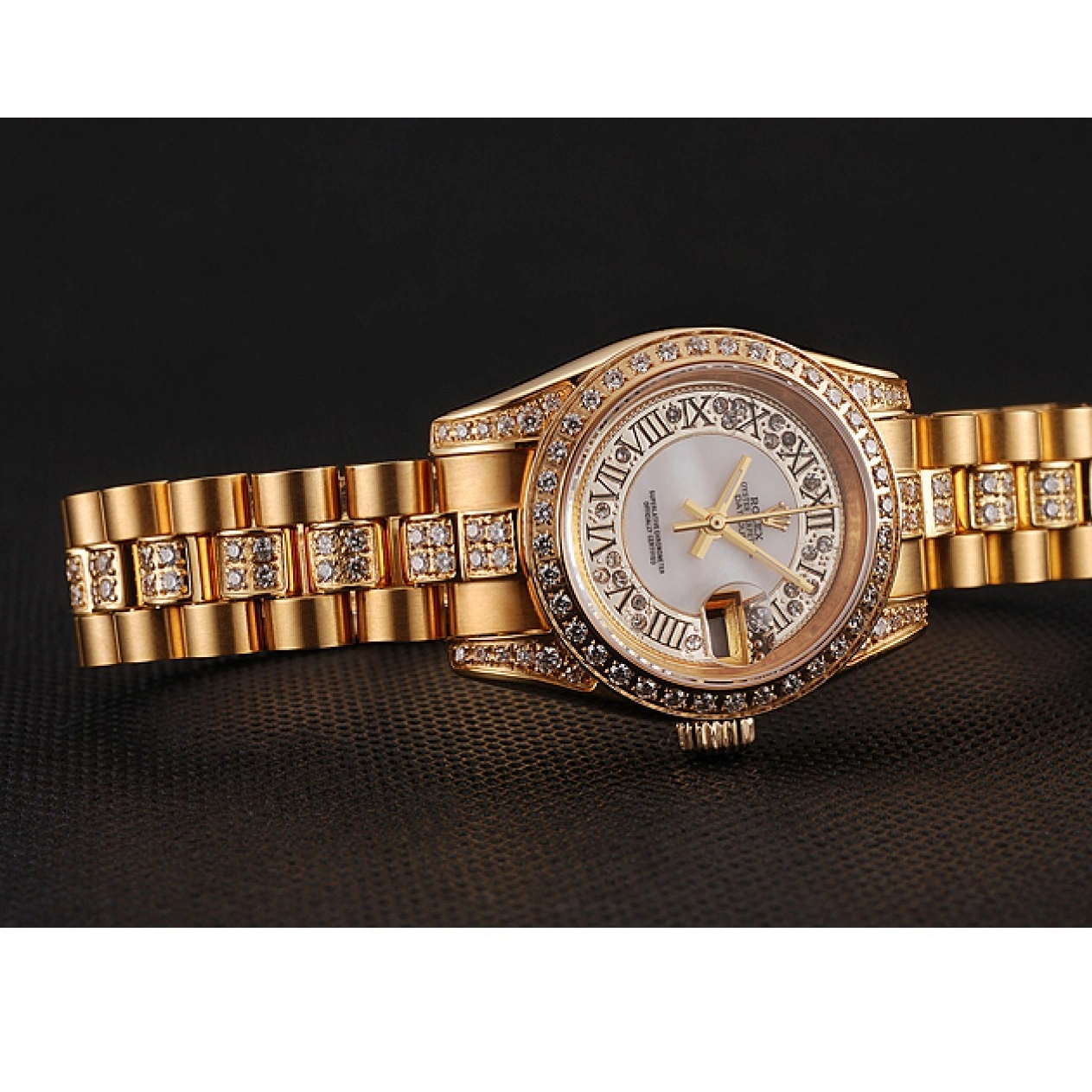 Aaa replica watch DayJust White Dial Bracelet Diamond Rolex Pave Swiss 1453957 Diamond Gold 0706
